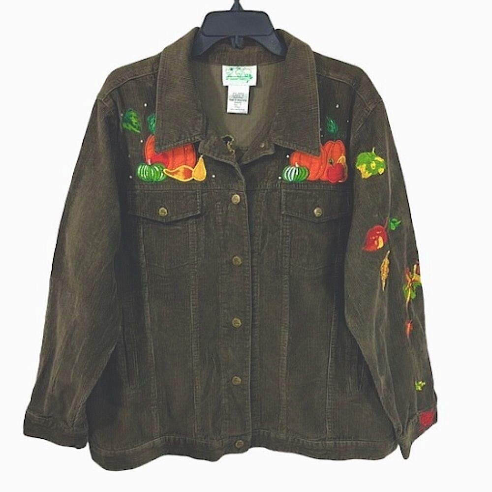 Quacker Factory Olive Corduroy Jacket with Colorful Pumpkin Embroidery
